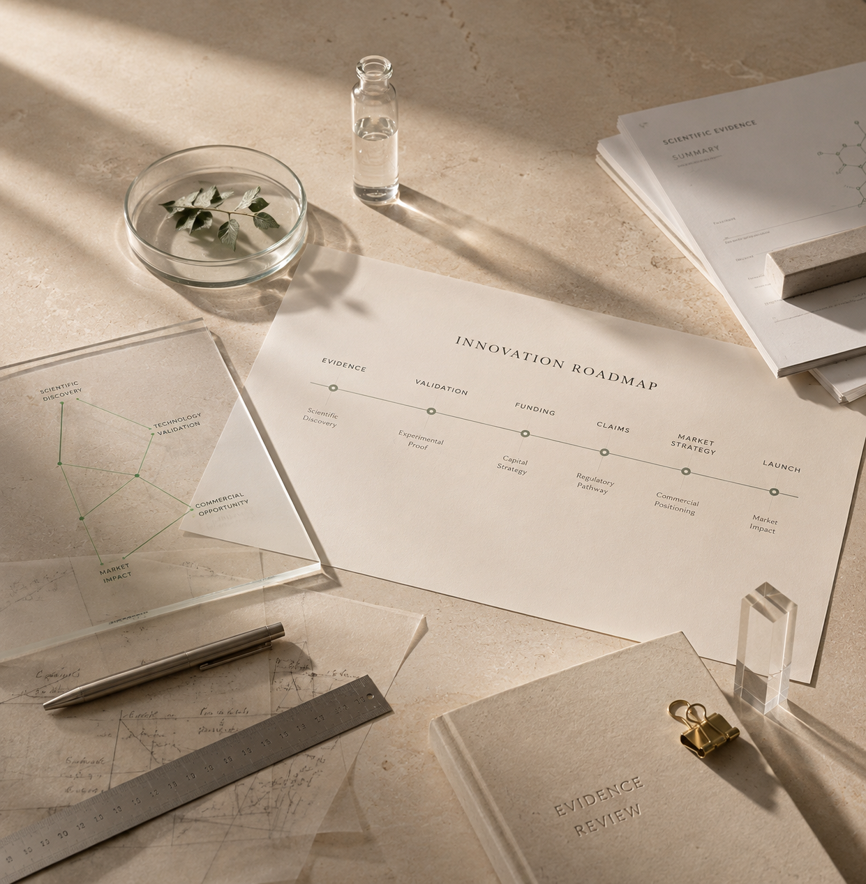 Innovation roadmap laid out with evidence documents, a petri dish and drafting tools